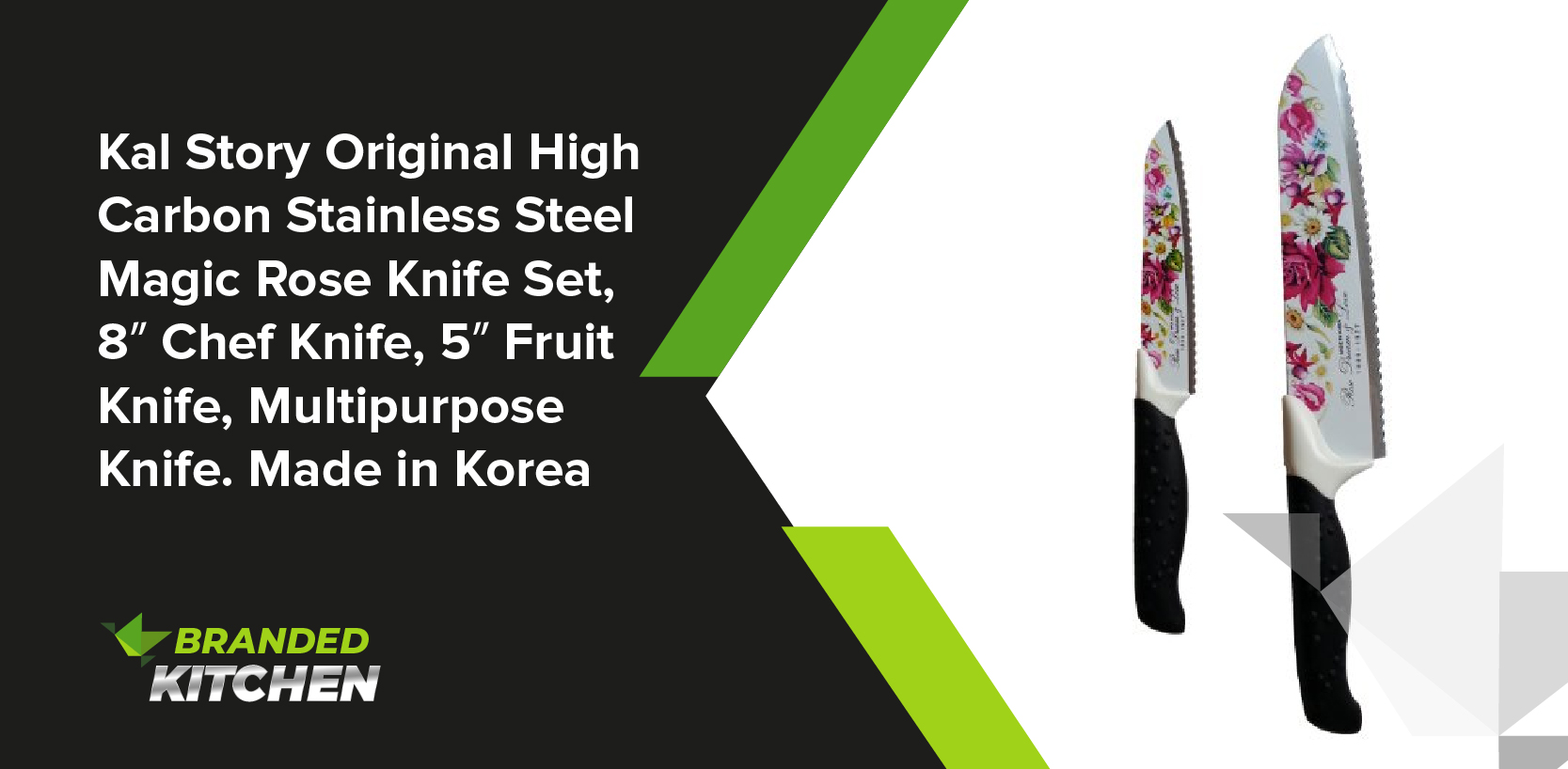 Kal Story Original High Carbon Stainless Steel Magic Rose Knife Set, 8″ Chef Knife, 5″ Fruit Knife, Multipurpose Knife. Made in Korea