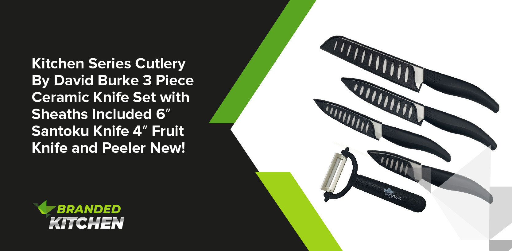 Kitchen Series Cutlery By David Burke 3 Piece Ceramic Knife Set with Sheaths Included 6″ Santoku Knife 4″ Fruit Knife and Peeler New!