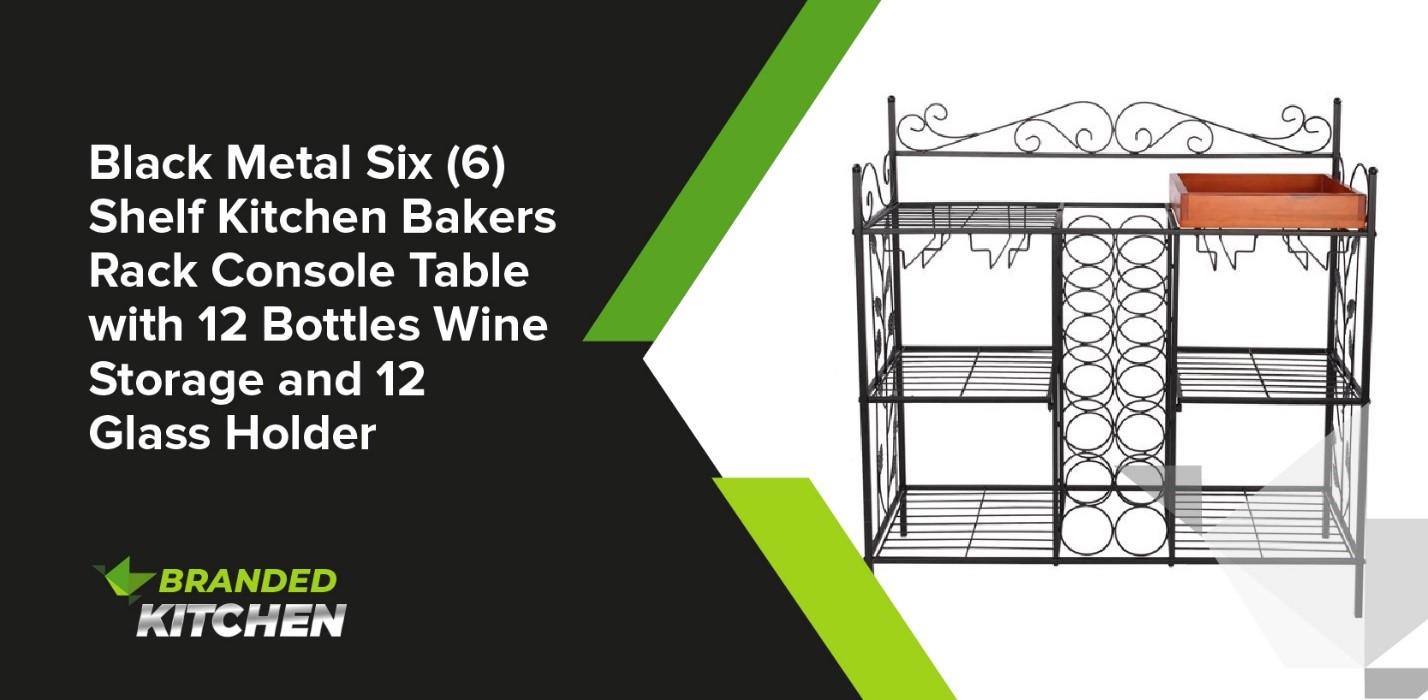 Black Metal Six (6) Shelf Kitchen Bakers Rack Console Table with 12 Bottles Wine Storage and 12 Glass Holder